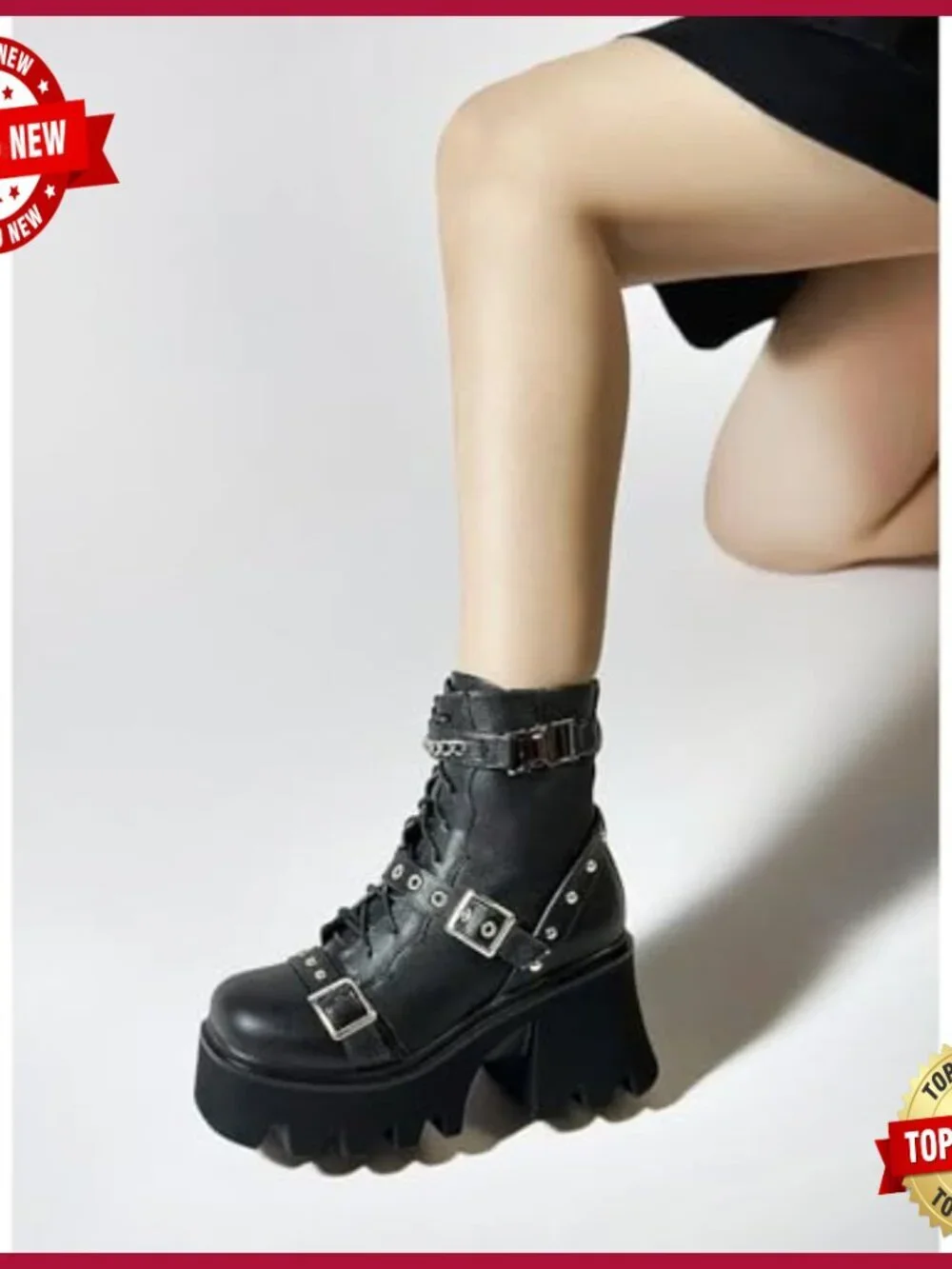 Goth Platform Combat Booties Chunky Heel Lace Up Zip Punk Shoes